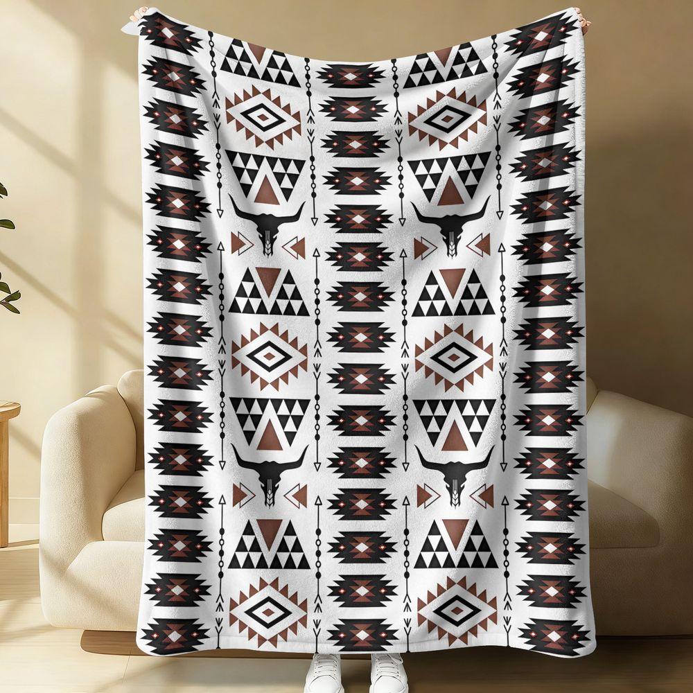 Southwestern Geometric Flannel Blanket Native American Style Longhorn Throw Soft Cozy Bed Sofa Blanket Perfect Gift Blanket 75X95CM