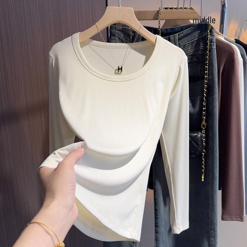 Women's White Velvet Round Neck Long Sleeve T-Shirt - Autumn/Winter Warm Base Layer in Tea Art Style.