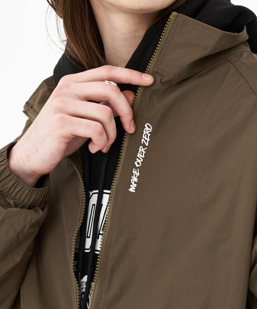 Mozmoz Solid Embroidered Oversized Zip-Up Windbreaker Brown