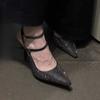 Fashion Baotou One-word Buckle Belt Rhinestone Sandals Women's Summer New Pointed Toe Shallow Mouth Stiletto Temperament High Heels