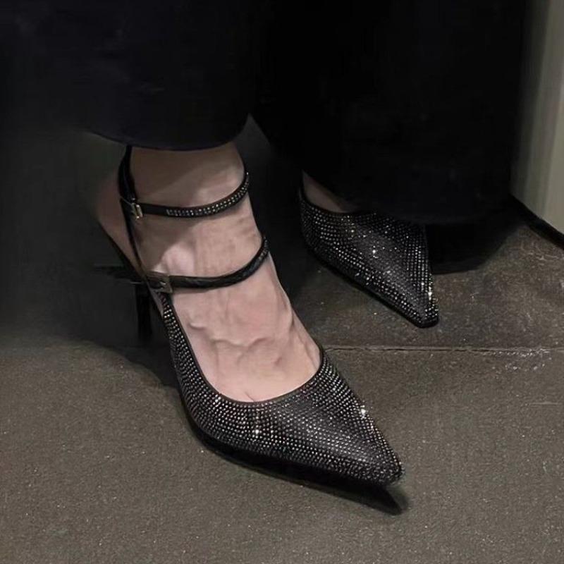 Fashion Baotou One-word Buckle Belt Rhinestone Sandals Women's Summer New Pointed Toe Shallow Mouth Stiletto Temperament High Heels