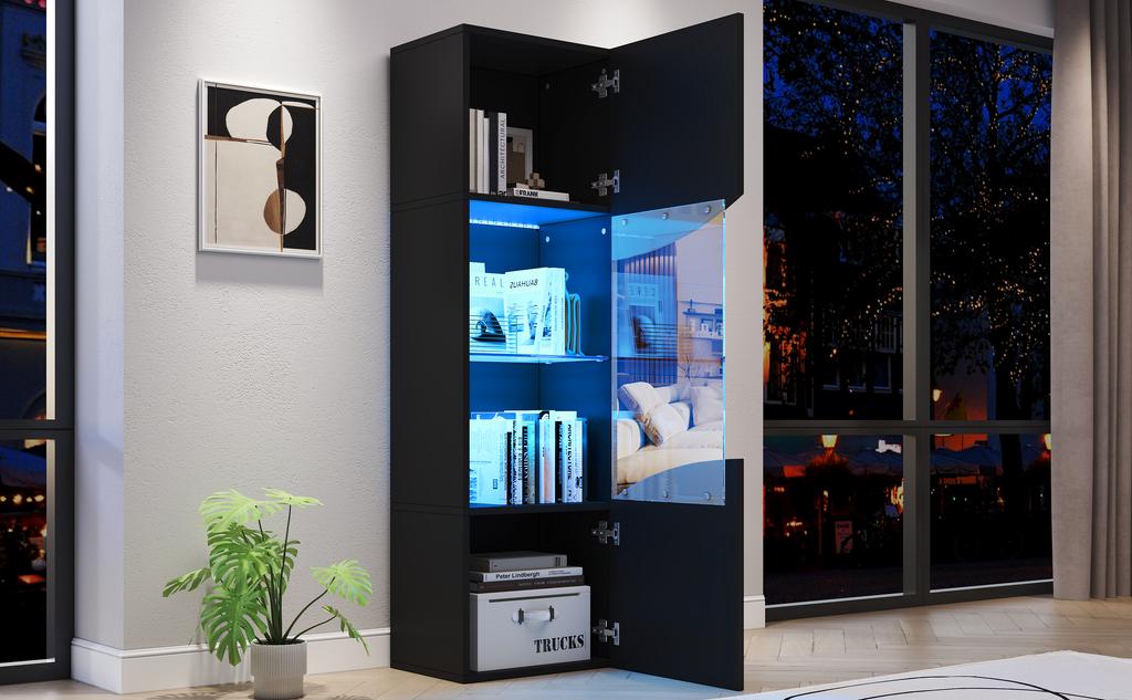 Vetrina da Soggiorno 35*50*165cm, Finitura Lucida (Porte), Alto, Ampio Spazio di Archiviazione e Illuminazione a LED, Design della Superficie Ondulata ad Arco Concavo, Nero