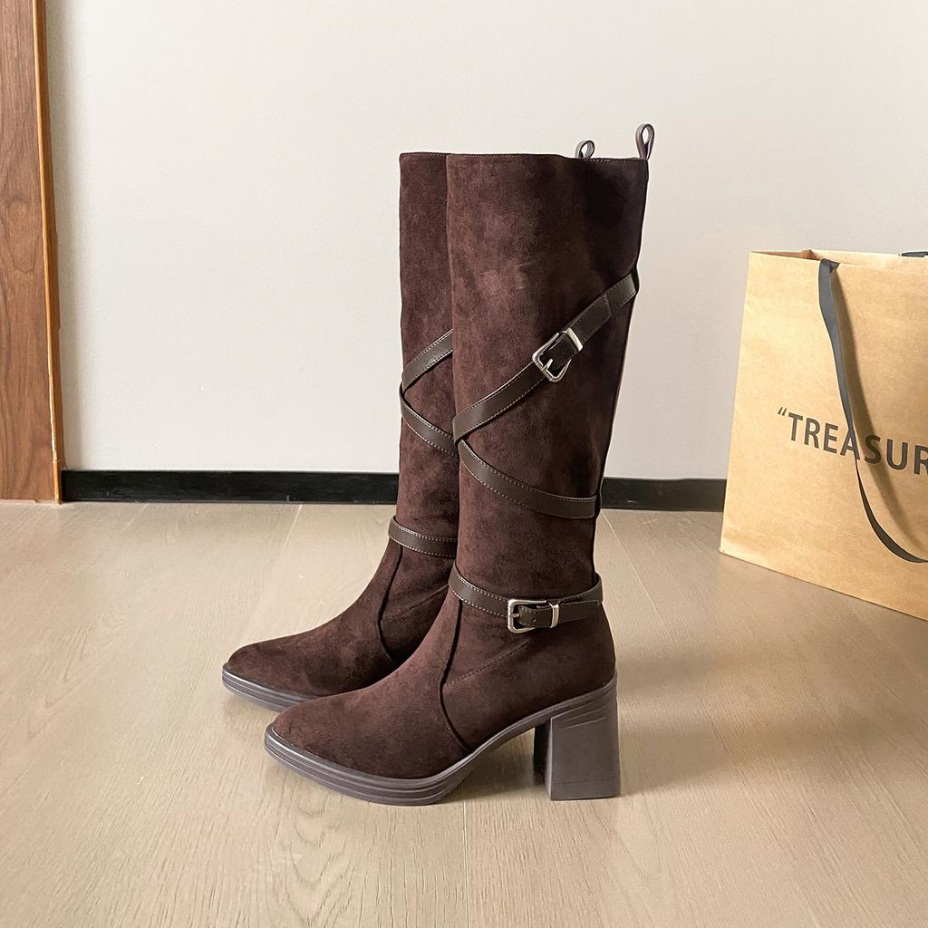 Cowhide version retro pointed thick heel boots women's cross buckle high heel boots slim tall thick-soled knight boots