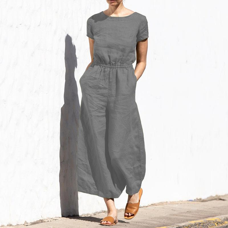 Cotton and Linen Jumpsuit Women Solid Color Sleeveless Pocket High Waist Wide Legs Jumpsuits Casual Commuting Ladies Bodysuits