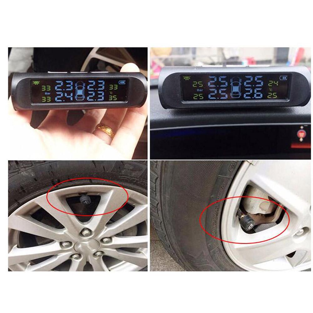 Solar Power USB TPMS Car Tire Pressure Monitoring System LCD 4 External / Internal Sensors for SUV Sedan Temperature Warning