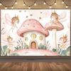 2D Aquarell Fee Kulisse, Rosa Pilzhaus & Feen Geburtstag Hintergrund