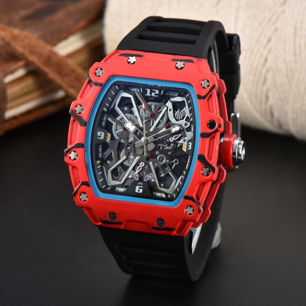 Vibrant Wine Barrel Shape Quartz Watch with Carbon Fiber Hollow Design for Men