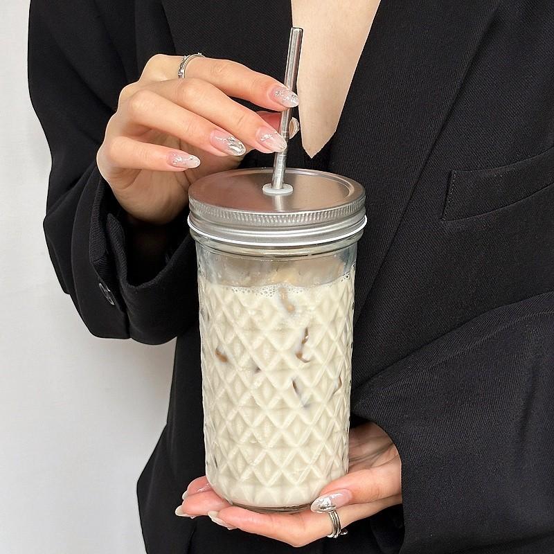 Ins Style Clear Glass Cup With Straw Lid Large Capacity Heat Resistance Boba Milk Tea Glasses Coffee Mug Juice Cold Drink Cup
