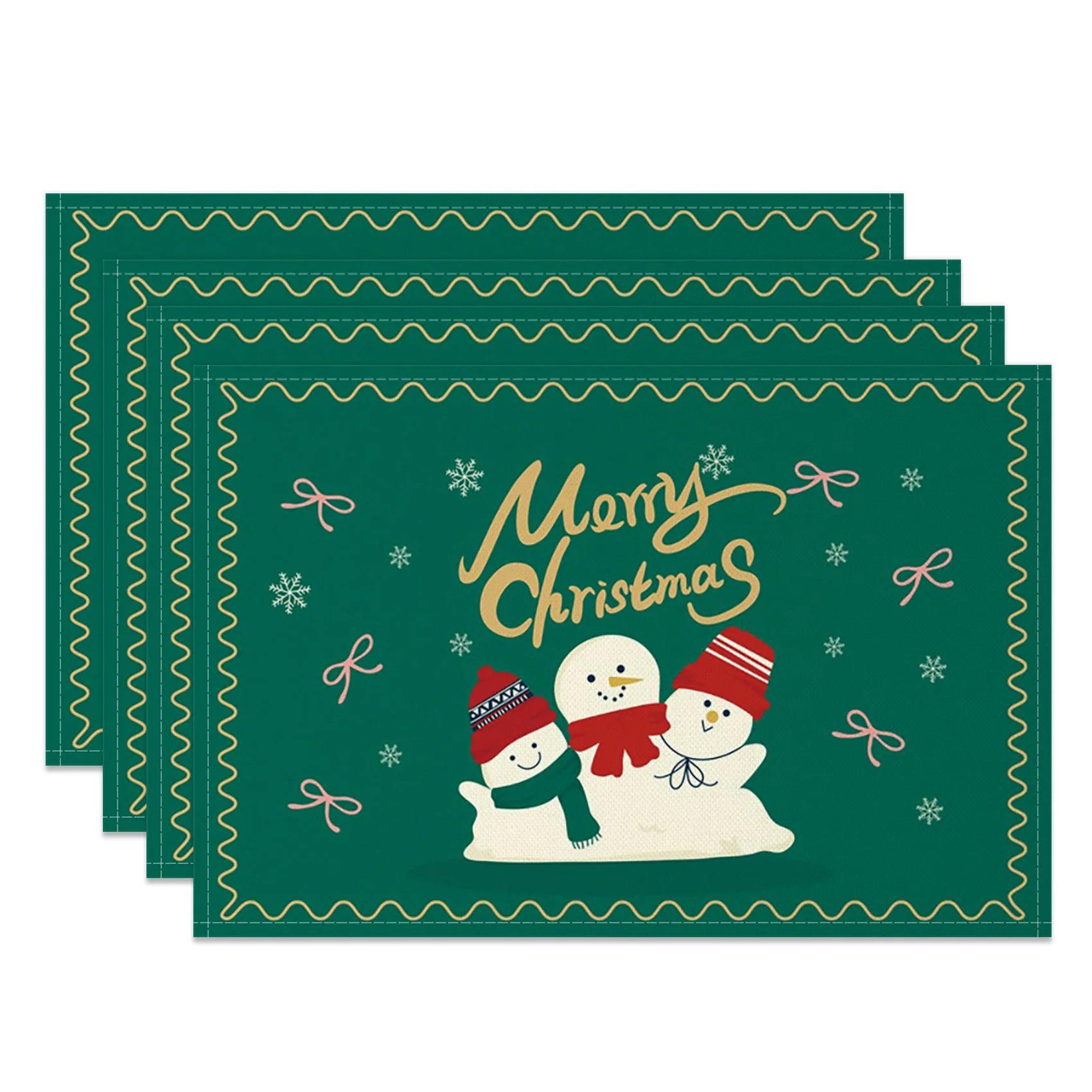 

4pc/set 2025 Christmas Placemats Snowman Santa Pinecone Green Theme Holiday for Xmas Decor Linen Washable Christmas Tableware 30x45cm-4PC