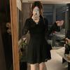 Pure Desire Sexy V-neck Lace Splicing Long-sleeved Dress Women's Autumn New High-end Slim and Thin A-word Short Skirt
