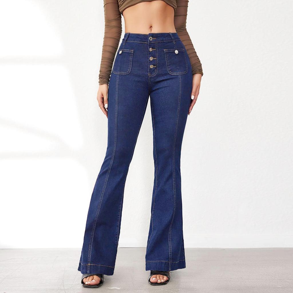 Ladies Fashion Breasted High-Waisted Jeans Ladies Slim Temperament Bell-Bottom Trousers Trousers
