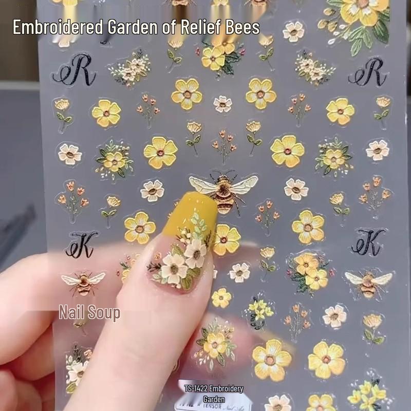 Bi & Gula Blommor Präglade Nagelklistermärken - Fräscha Broderade Trädgårdsdekaler