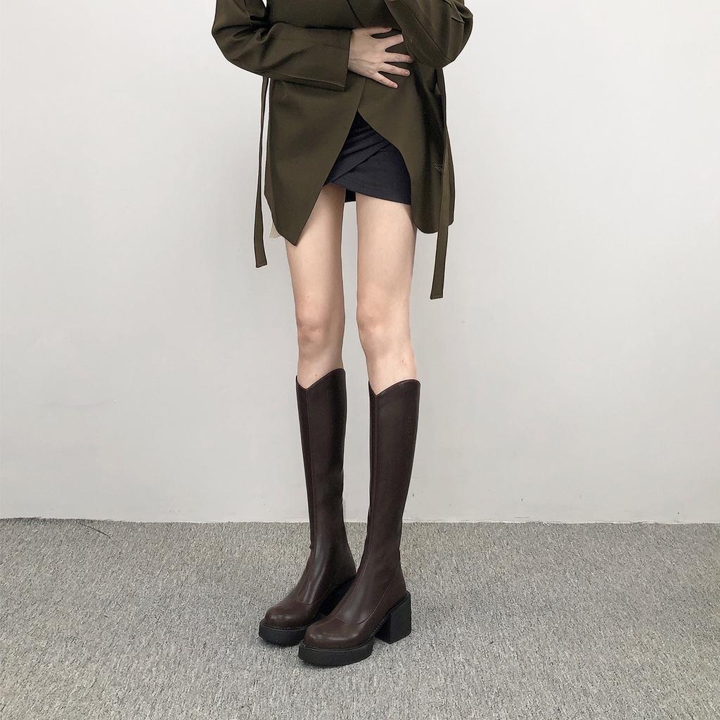 Brown thick heel tall boots female spring and autumn thin but knee long boots high heel thick sole