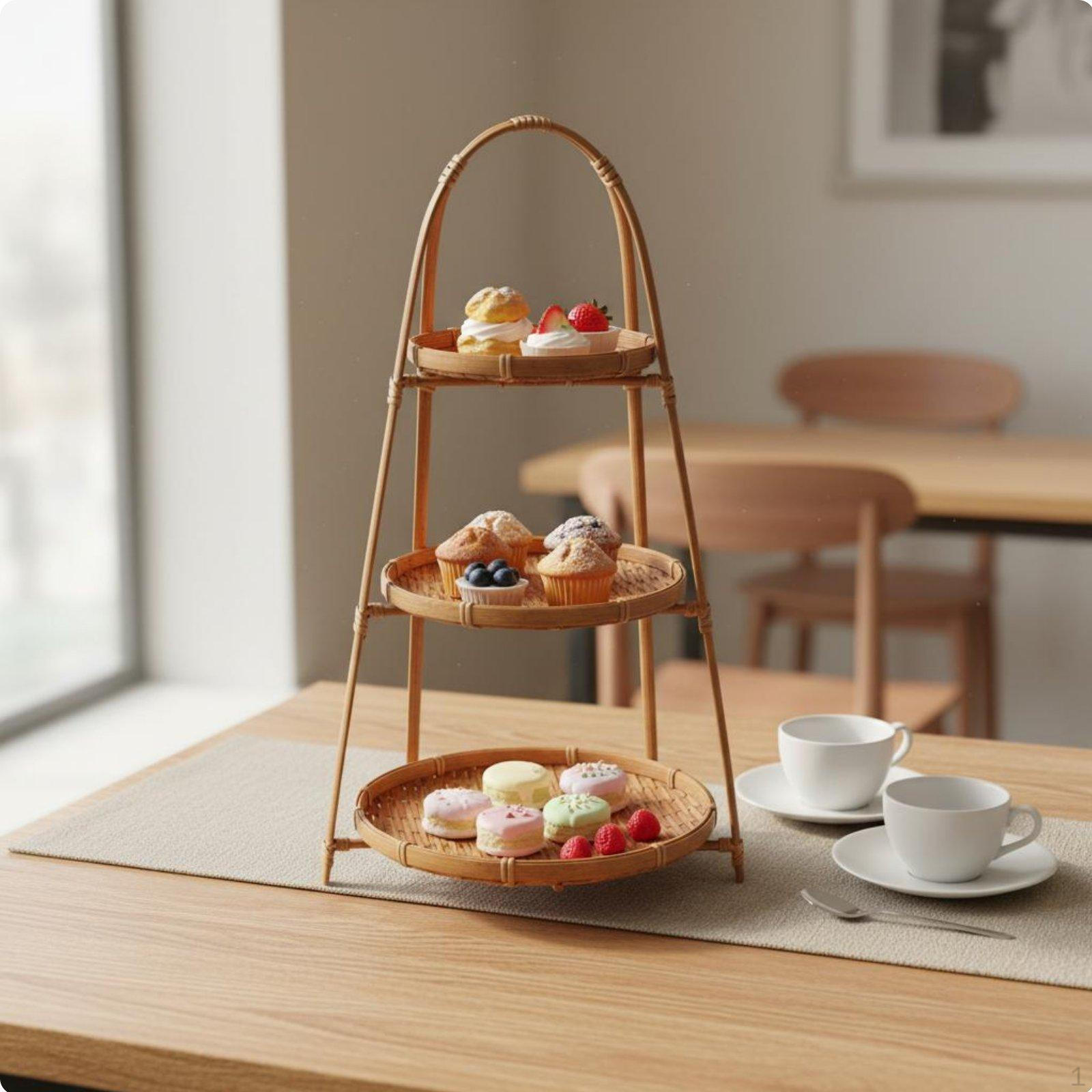 MultiTier Woven Food Basket Bamboo Serving Stand with Handle Handmade Fruit Display for Red 3-tier Basket