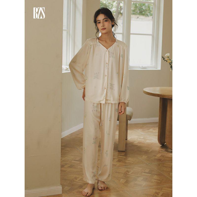 2024 Summer Tribute Satin Print Early Autumn Plaid Pajamas Fresh Spring and Autumn Home Wear Women's V Neck Soft Long-Sleeve Suit