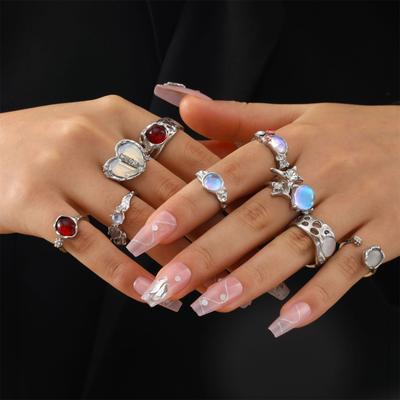 9 Stück Versilberte Unregelmäßige Mondstein Edelsteine Ringe für Frauen und Teenager Kristall Strass Offene Ringe Schmuck