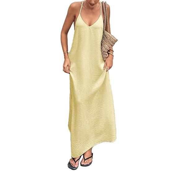Women Sexy Backless Halter Dress Sleeveless Maxi V Neck Dress Summer Beach XXL жёлтый