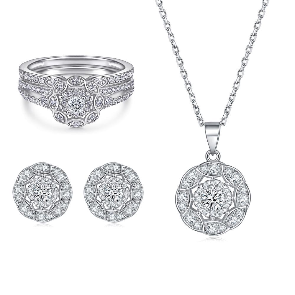 S925 Sterling Silver Zirconia Jewelry Set: Row Ring, Stud Earrings, Necklace – Exquisite Three-Piece Collection