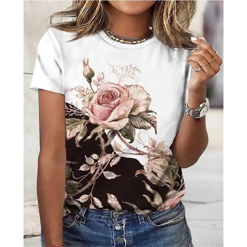 T-Shirt mit Blumenmuster für Damen, Blumen 3D-Druck T-Shirts, Sommer Casual Rundhals Tops, Kurzarm, Oversized Tees