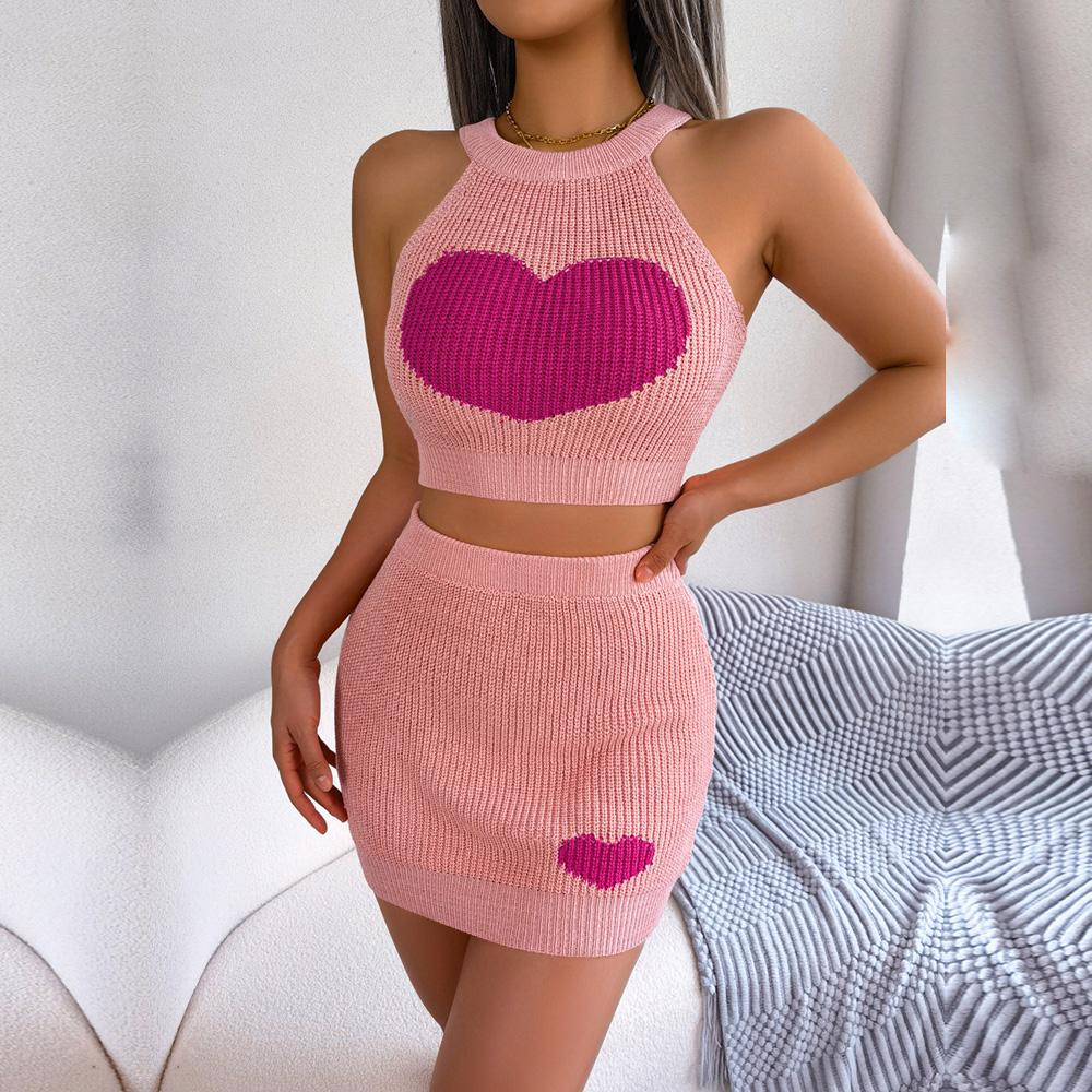 Women Spring Summer  Halter Neck  Sleeveless Heart Knitted Warp Hip Skirt Suits