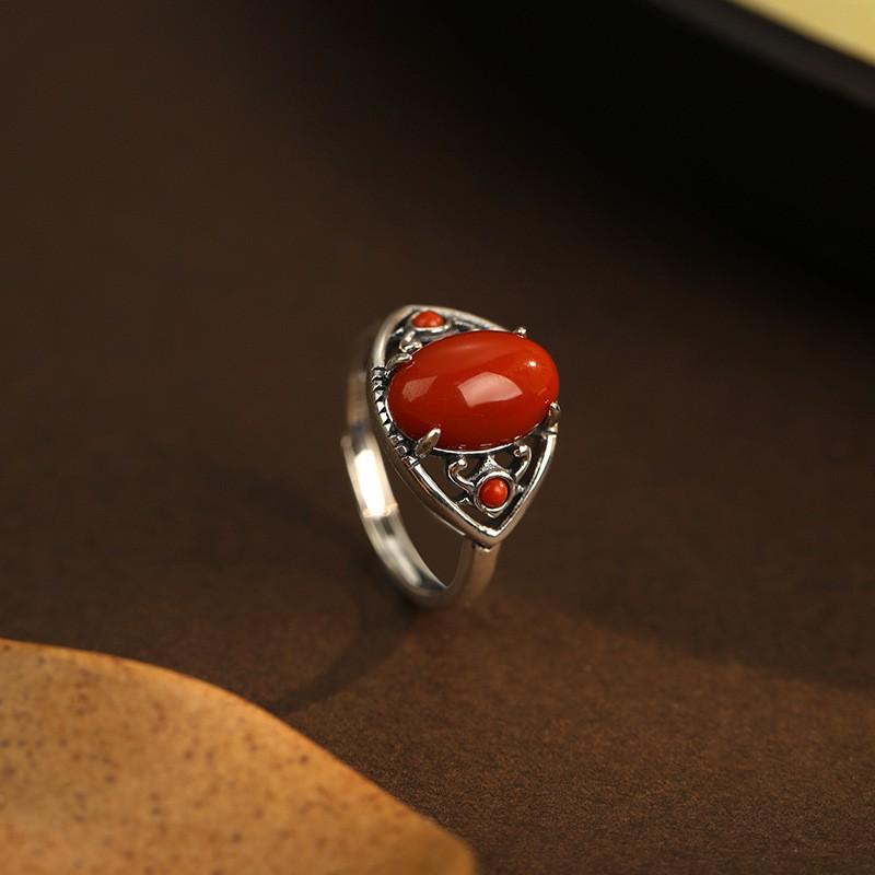 Adjustable Geometric Triangle Red Agate Ring Women Men Vintage Boho Open Band Statement Jewelry Adjustable Open Band