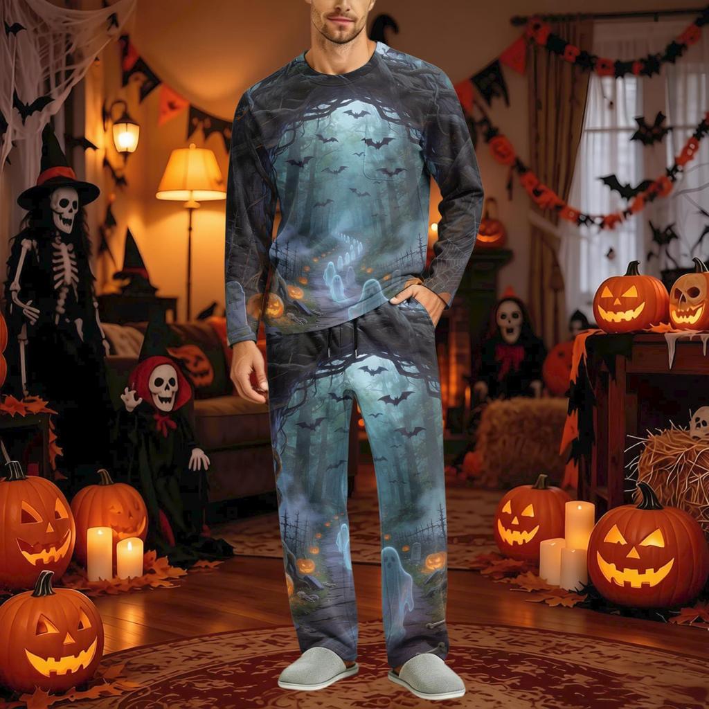 Men's Halloween Pajama Set Long Sleeve Long Pants with Crotch Buttons and Elastic Drawstring Waist