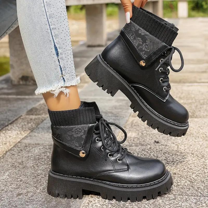 2025 Herbst/Winter Neue Britische Stil Damen Schnürung Kurze Stiefel mit Höhenverstellung und Schlankmachendem Aussehen