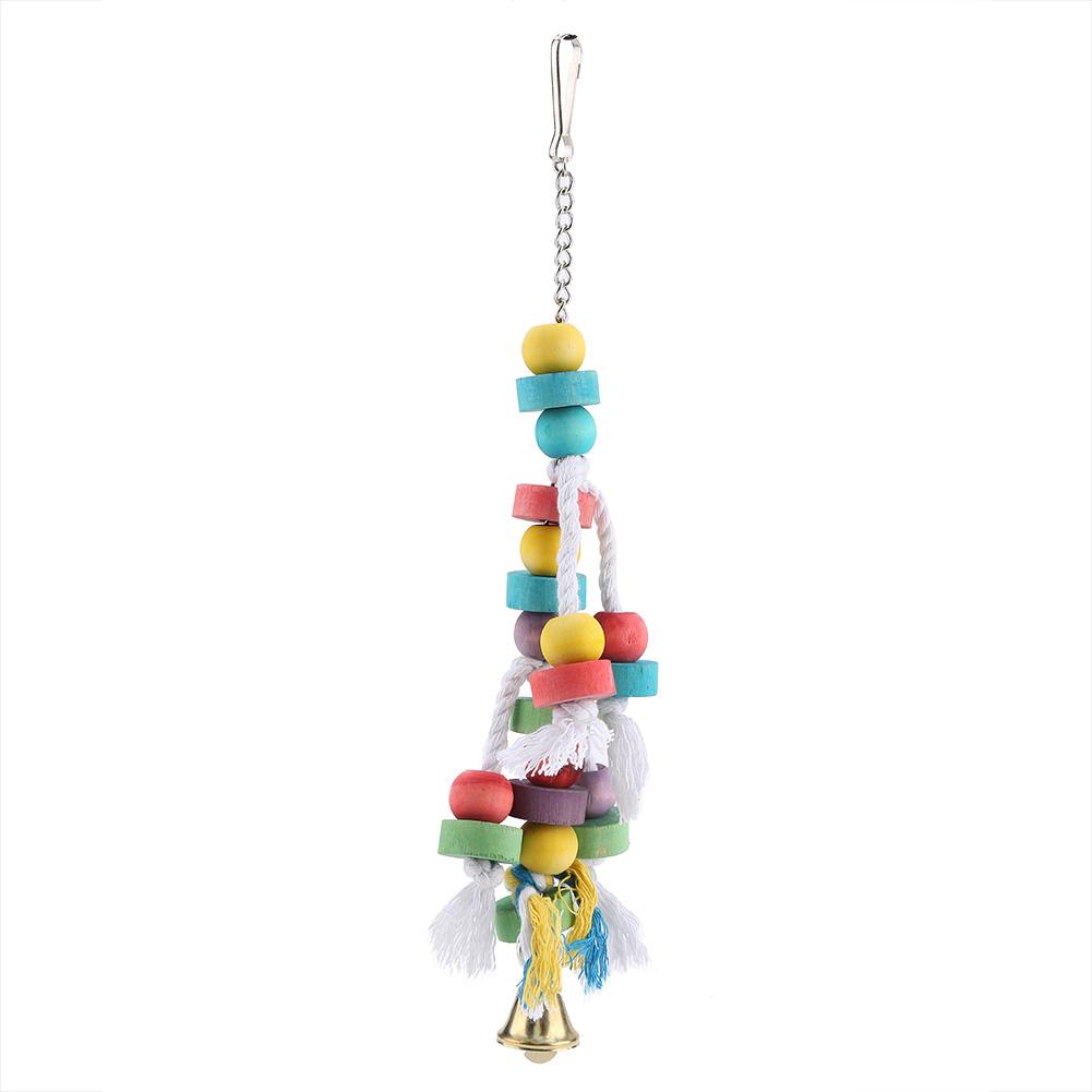 Colorful Parrot Toys Natural Wooden Birds Hanging Chew Toy with Bell Cage Play Toy Supplies