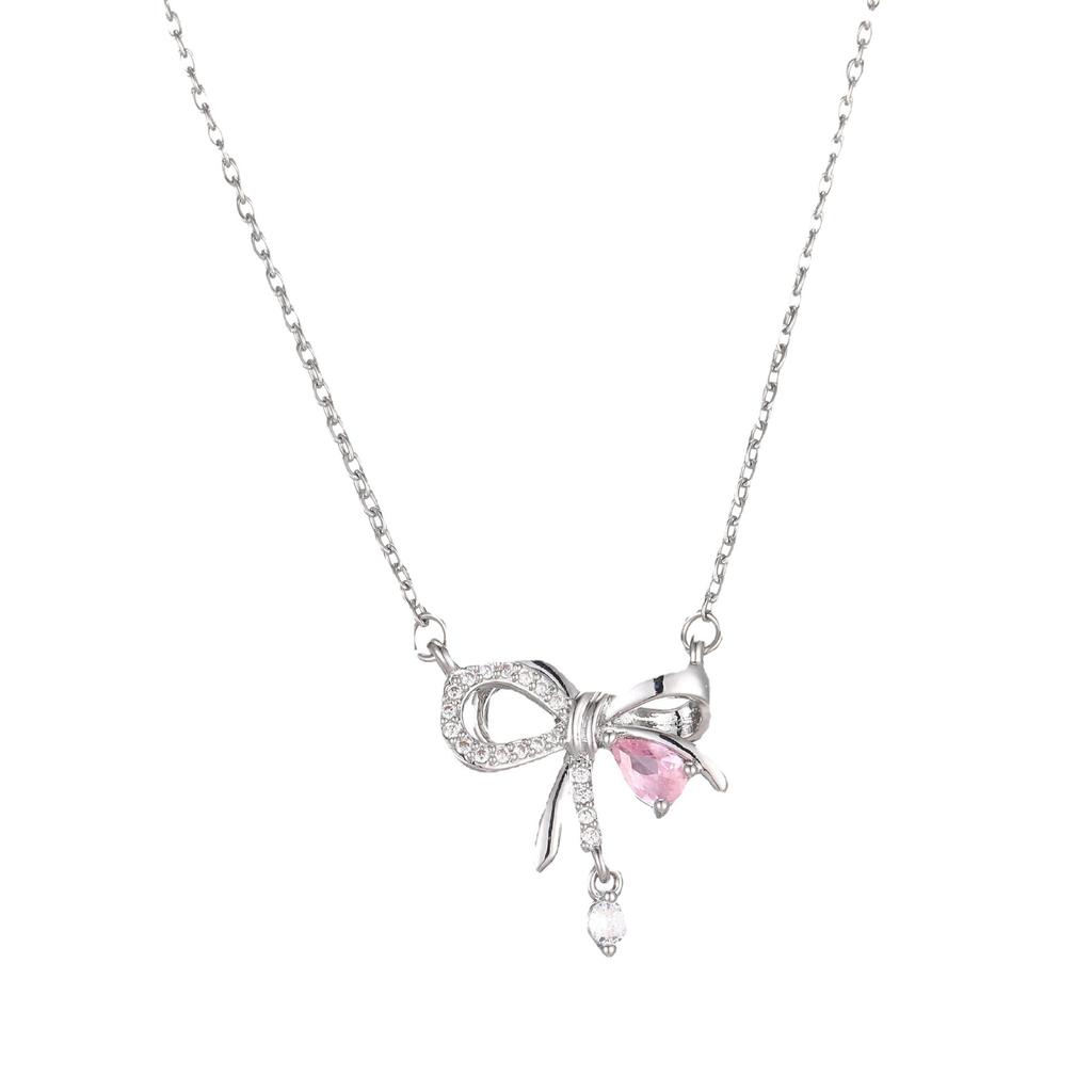Light Luxury Design Full Diamond Bow Necklace Women'S High-End Simple And Cold Wind Flash Diamond Pendant Collarbone Chain