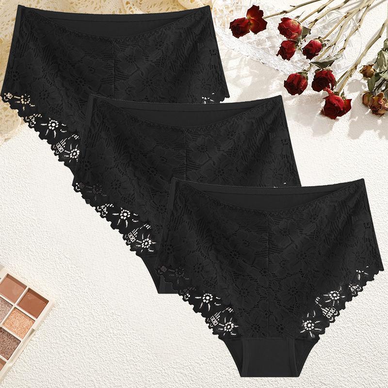 FINETOO 3 Pezzi Mutandine da Donna a Vita Media in Pizzo Sexy Colore Unito Rifiniture in Pizzo Biancheria Intima Femminile Lusso Svuotate Slip Comodi Traspiranti Lingerie