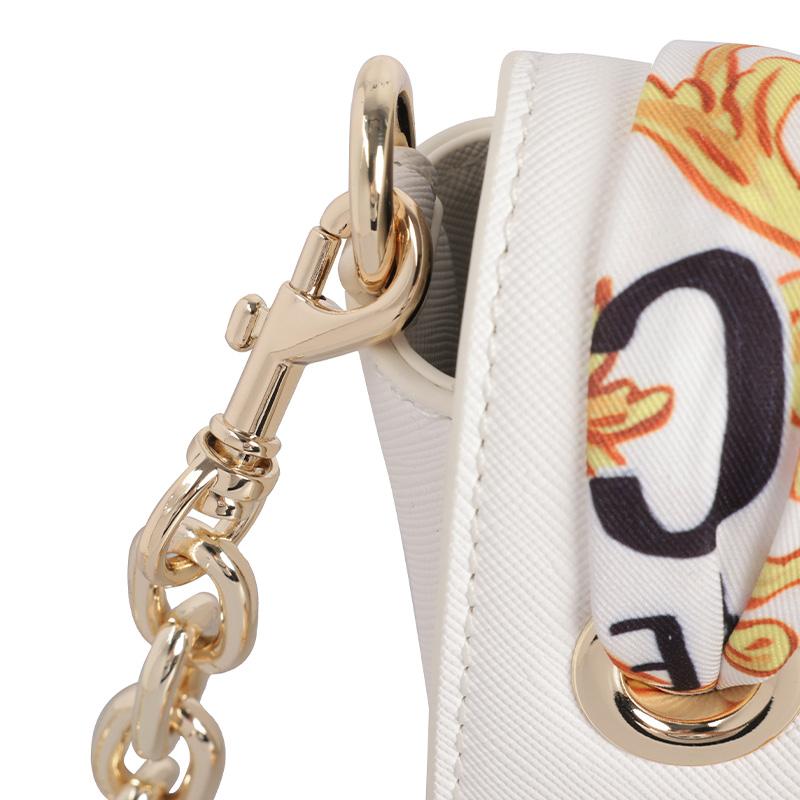 Versace Jeans Couture Logo Print Scarf Tie Flap Polyester Leather Small Round Saddle Shoulder Crossbody Bag Medium Women Bags White 74VA4BAB-ZS467-003
