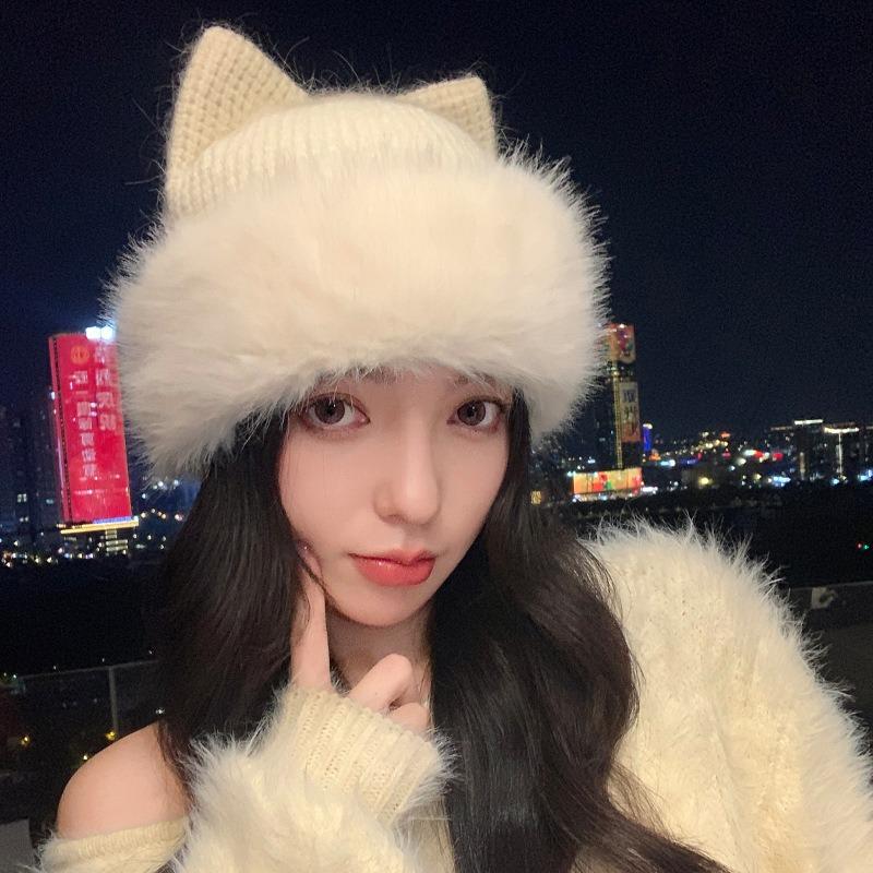Korean Style Cute Cat Ears Plush Knit Hat Autumn Winter Warm Casual Beanie