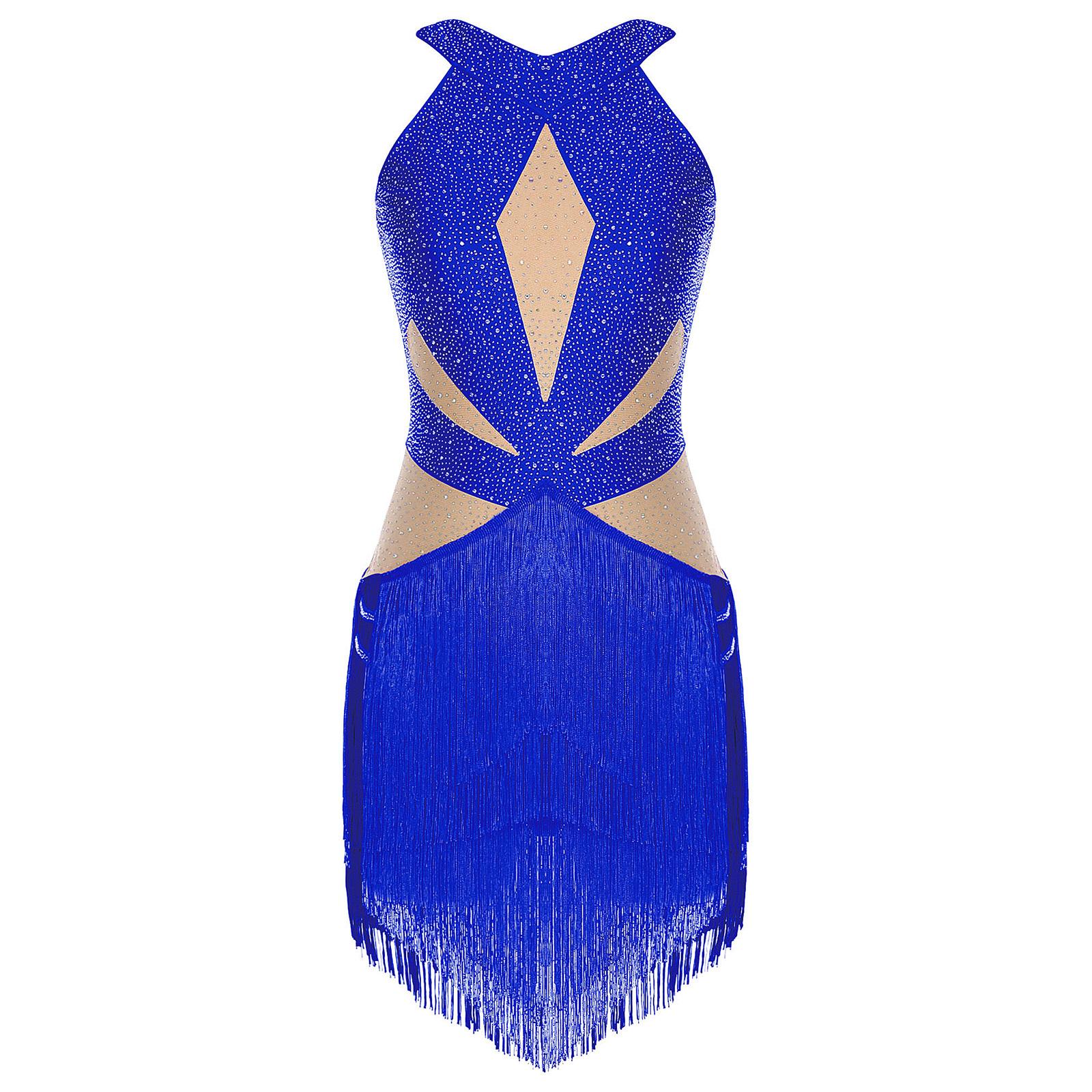 

Жіночий латиноамериканський танго-купальник, повністю прикрашений стразами, з відкритою спиною, багатоярусною бахромою, контрастного кольору, боді, комбінезон для виступів S королівський синій колір