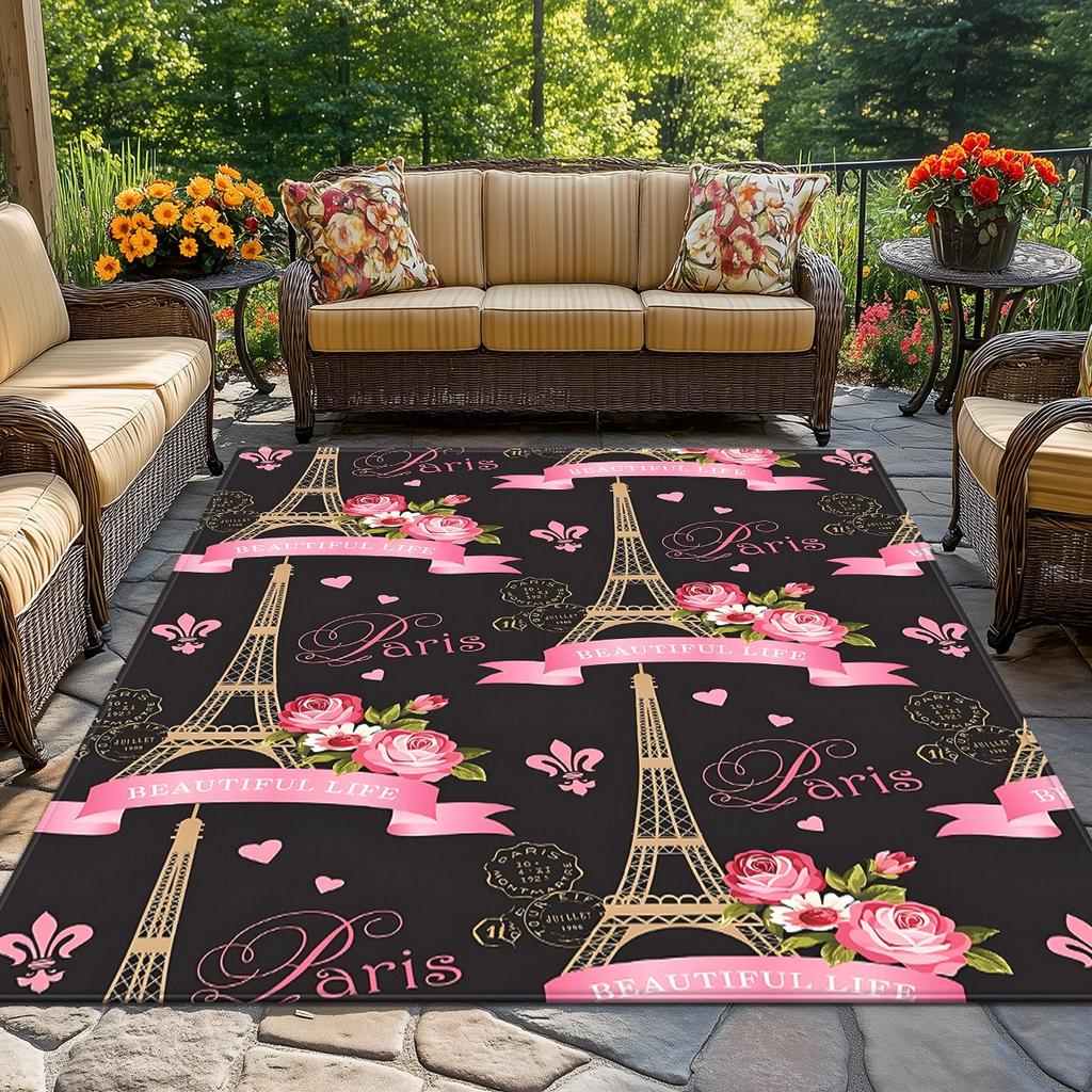 Paris Eiffel Tower Rose Pink Crystal Velvet Rug Romantic French Theme Bedroom Floor Mat Vintage Style Anti Slip Home Carpet