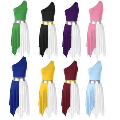 Womens One Shoulder Dance Dress Color Block Patchwork Design Asymmetrical Hem Sleeveless Performance Gown