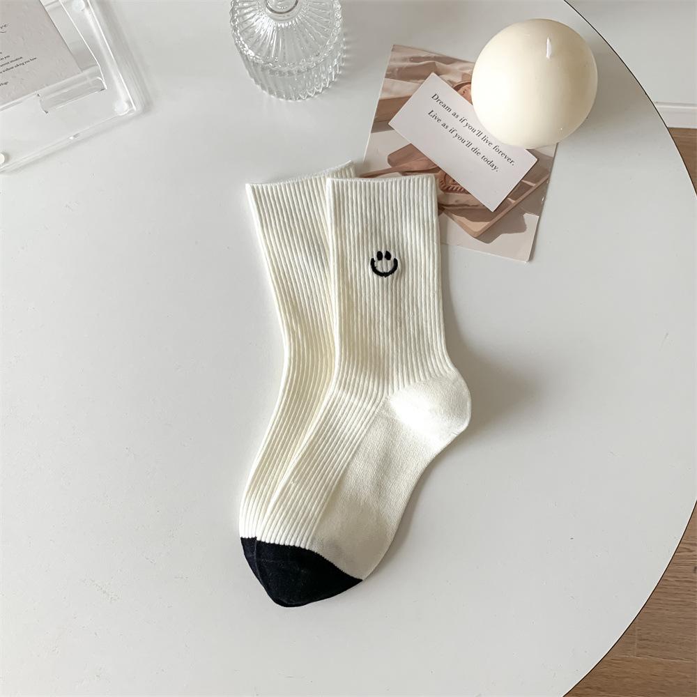 Dongdaemun Women'S Socks Double Needle Cartoon Expression Smiley Face Animal Embroidery Women'S Cotton Socks Medium Tube Socks Stacking Socks