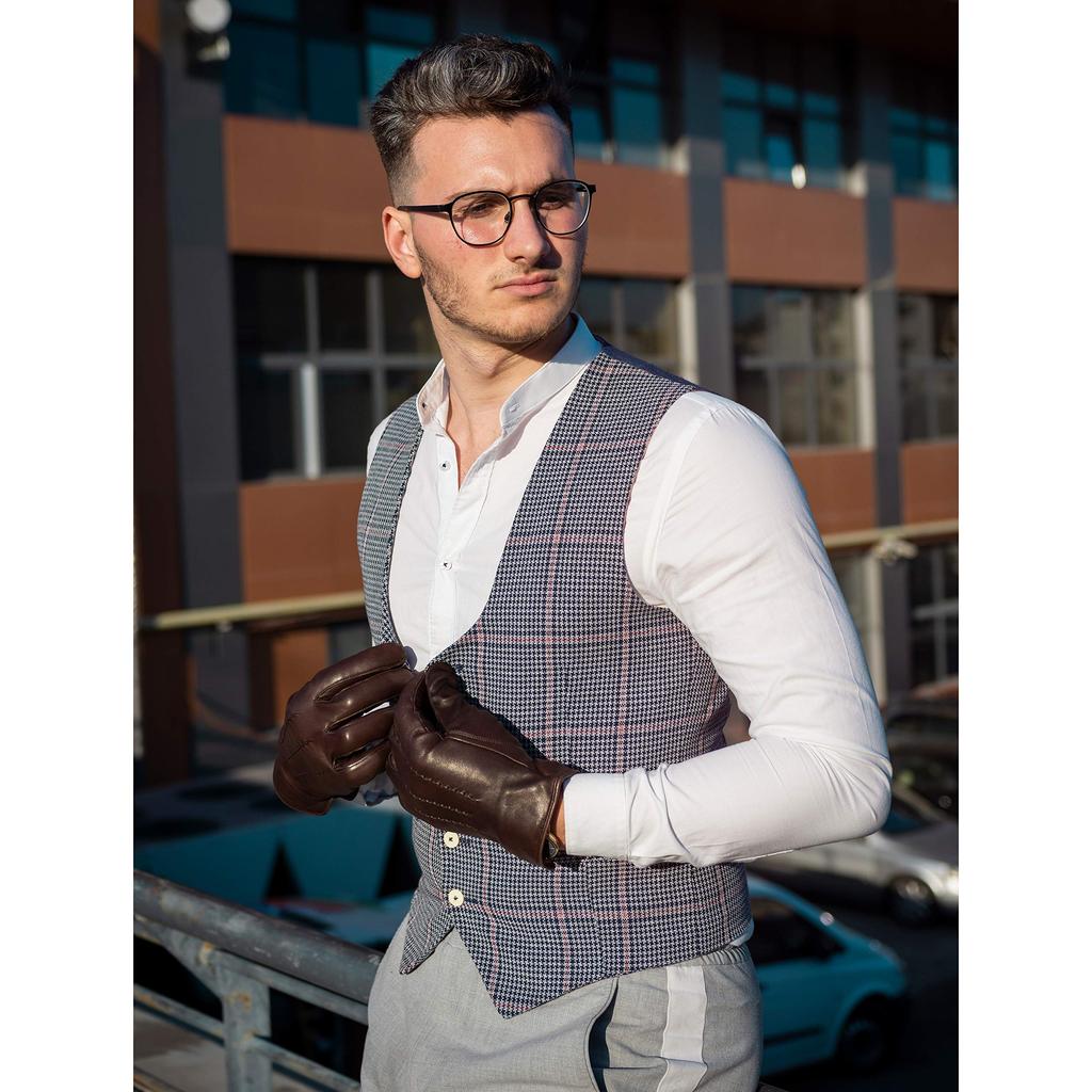 Harssidanzar Luxury Italian Sheepskin Leather Gloves with Cashmere Stitching for Size M Men's Warmth, Brown,