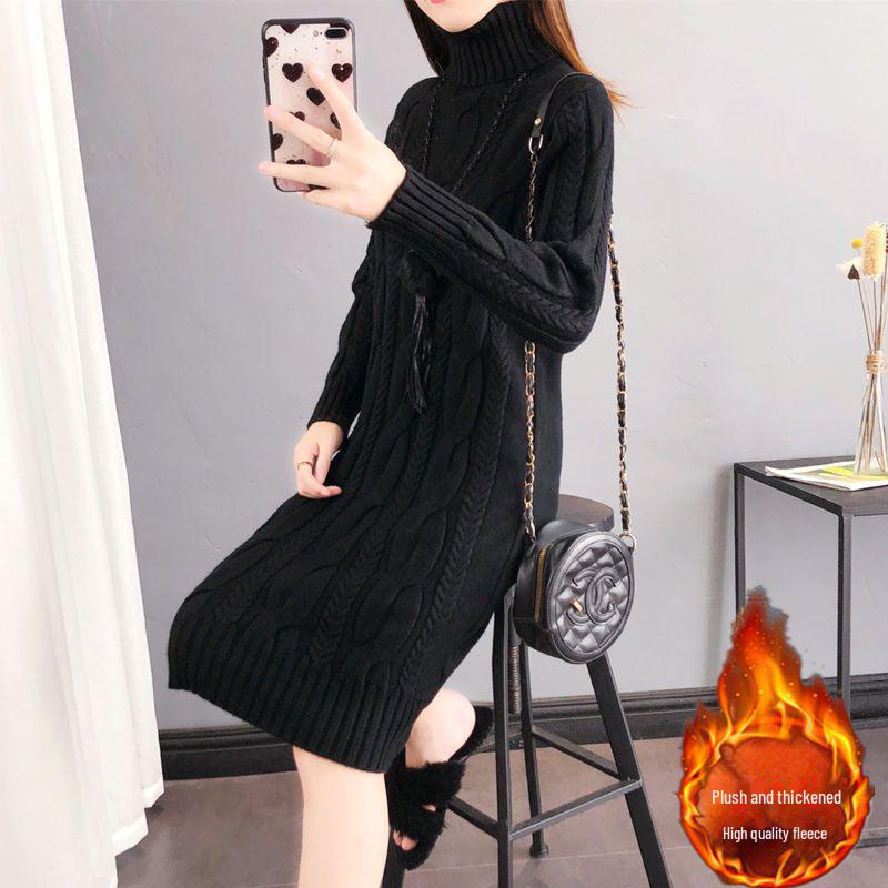 Women's Plush/Non-Plush Turtleneck Over-the-Knee Knitted Sweater Dress for Autumn & Winter