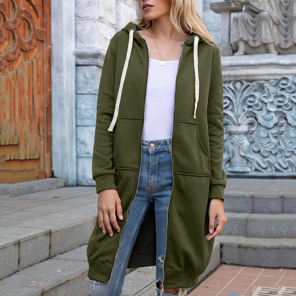 Damen Einfarbig Slim Fit Reißverschluss Rundhals Langarm Locker Kapuzenmantel Mittellang
