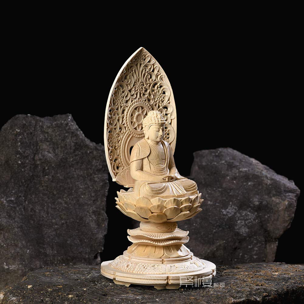 Amitabha Buddha Tendai Carved from Cypress Round Base with Arabesque Ideal for Those Born In the Year of the Dog or Protects Against Protects the
