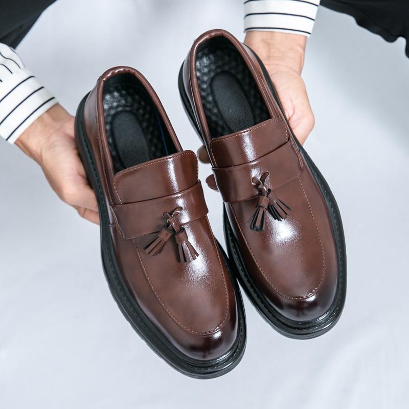 

Spring and Autumn Men s Leather Shoes Thick Bottom Versatile Casual Tassel Design Work One Step Casual Leather Shoes 46 коричневый