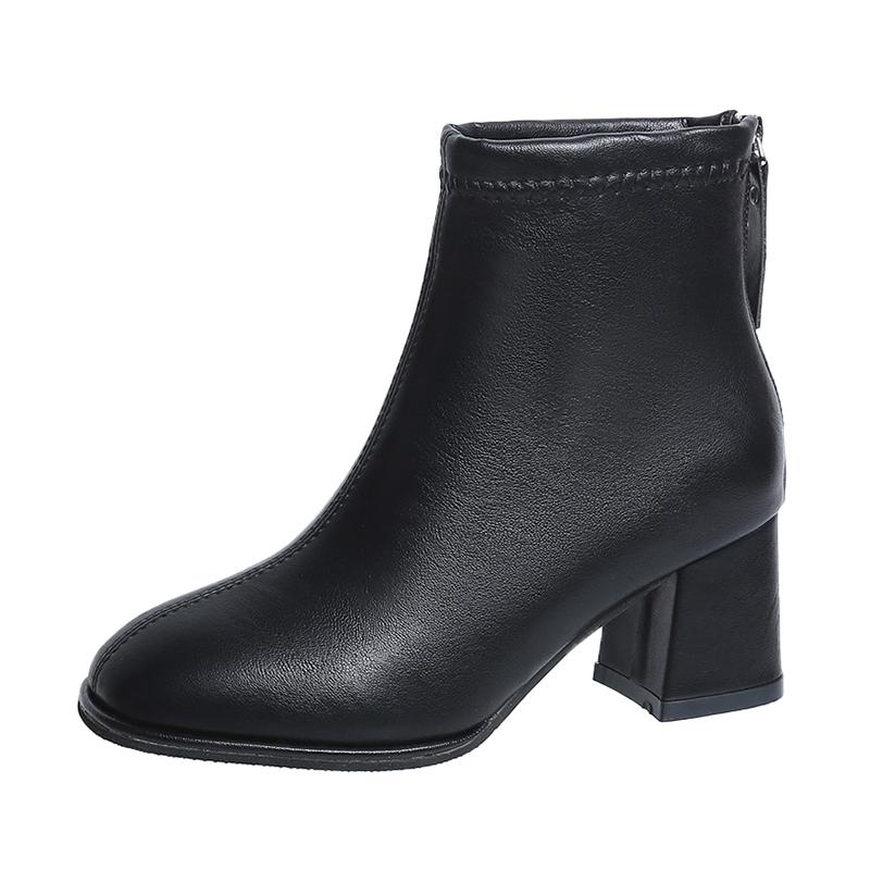 Fashion 2024 Winter New Thick Heel Plus Velvet Square Toe Boots Women Net Red Short Tube Rear Zipper Solid Color Women's Boots
