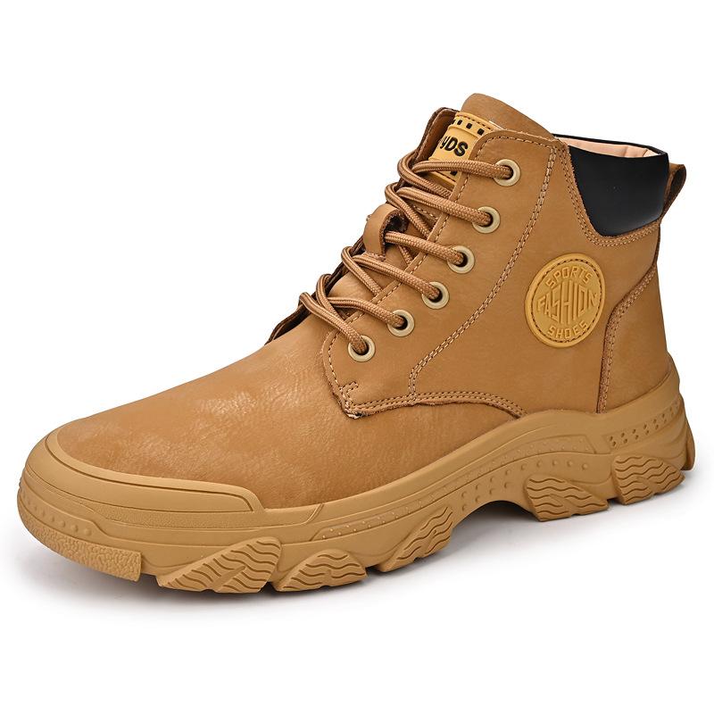 Men's Genuine Leather Autumn Waterproof British Mid-Top Leisure Cargo Boots High-Top Outdoor Shoes Thick Bottom Worker Boots