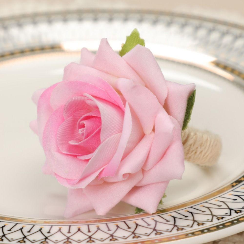 6pcs Artificial Rose Flower Towel Buckle with Rope Table Decoration Napkin Ring Valentine's Day