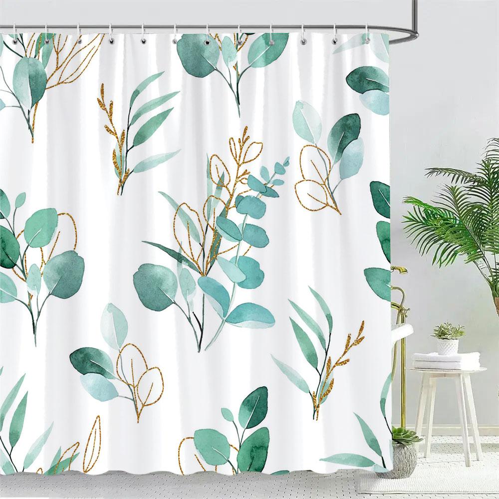 Beautiful Tropical Plant Leaves Shower Curtain Watercolour Palm Tree Leaves Printed Polyester Fabric Bath Curtain Bathroom Decor