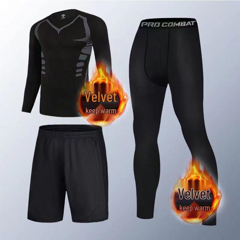 Men's Plus Velvet Quick-Dry High-Elastic Training and Running Set: Autumn/Winter Warm Fitness Tights and Base Layer.