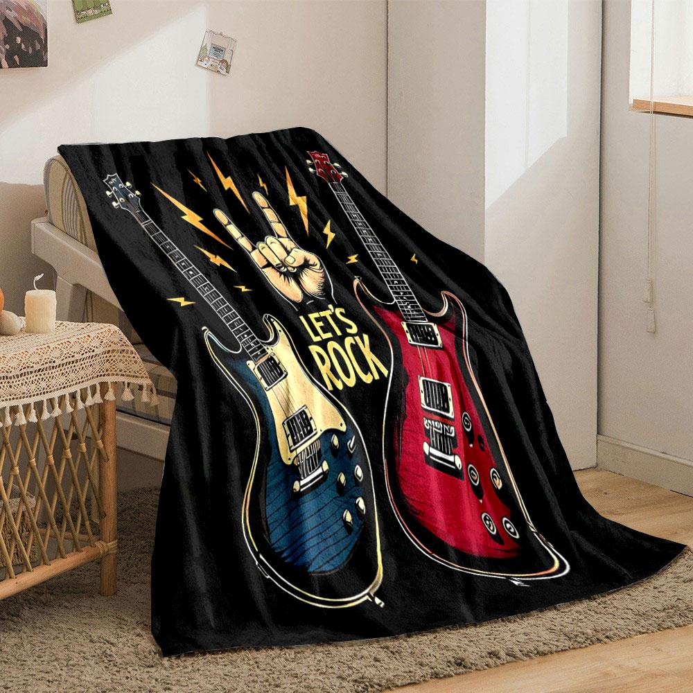 Two Electric Guitars, Hand Sign, Lightning Bolts, and "Let's Rock" Text. for All Seasons Blanket Lunch Break Throw Gift