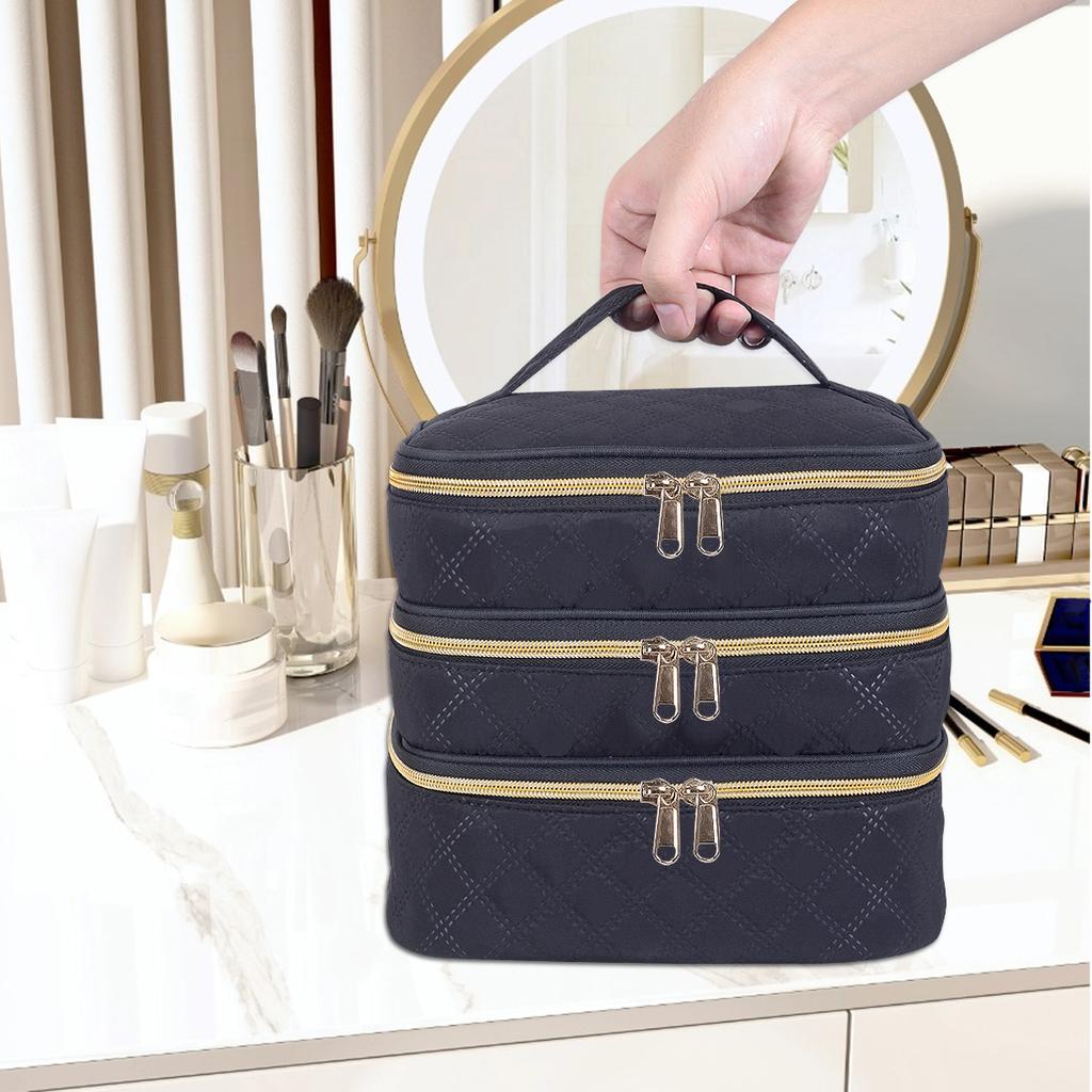 3-Layer Large Capacity Quilted Makeup Bag Organizer with Handles - Suitable for Travel and Home Organizer
