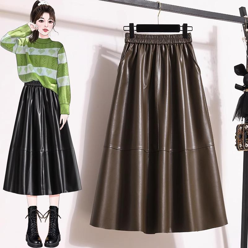 Fustă Midi A-Line Maro din Piele PU cu Talie Înaltă Mărimi Mari pentru Femei