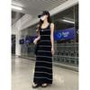 Kumikumi Advanced Sense Retro Contrast Color Crochet Stripe Sling One piece Dress Women clothing Summer Waist Hugging Slimming Long dress